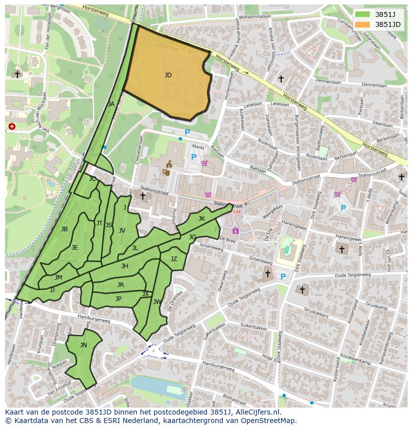 Afbeelding van het postcodegebied 3851 JD op de kaart.