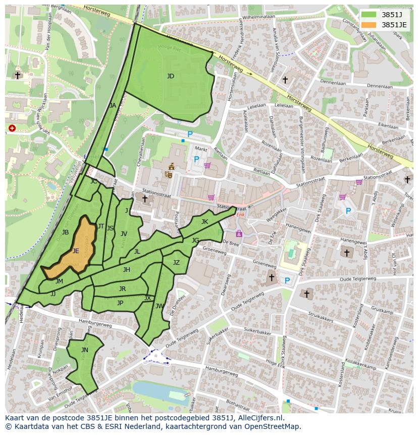 Afbeelding van het postcodegebied 3851 JE op de kaart.