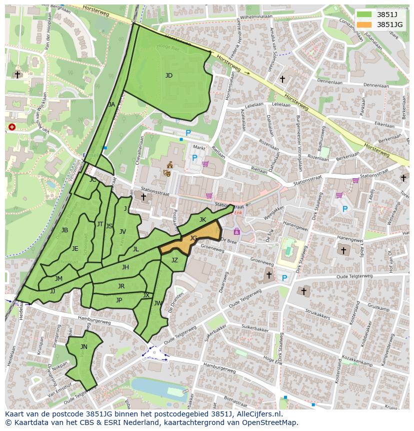 Afbeelding van het postcodegebied 3851 JG op de kaart.