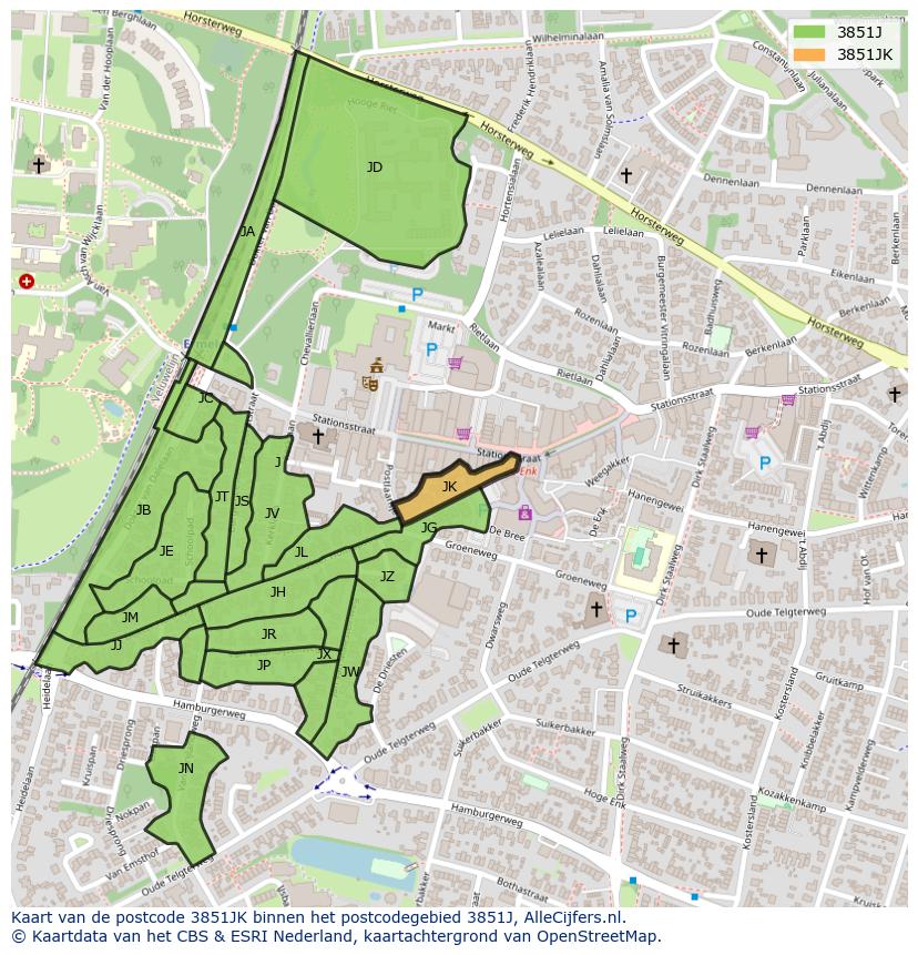 Afbeelding van het postcodegebied 3851 JK op de kaart.