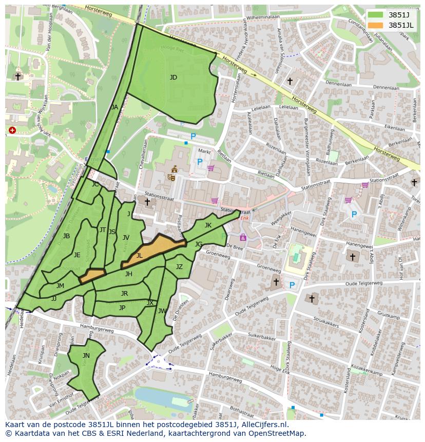 Afbeelding van het postcodegebied 3851 JL op de kaart.
