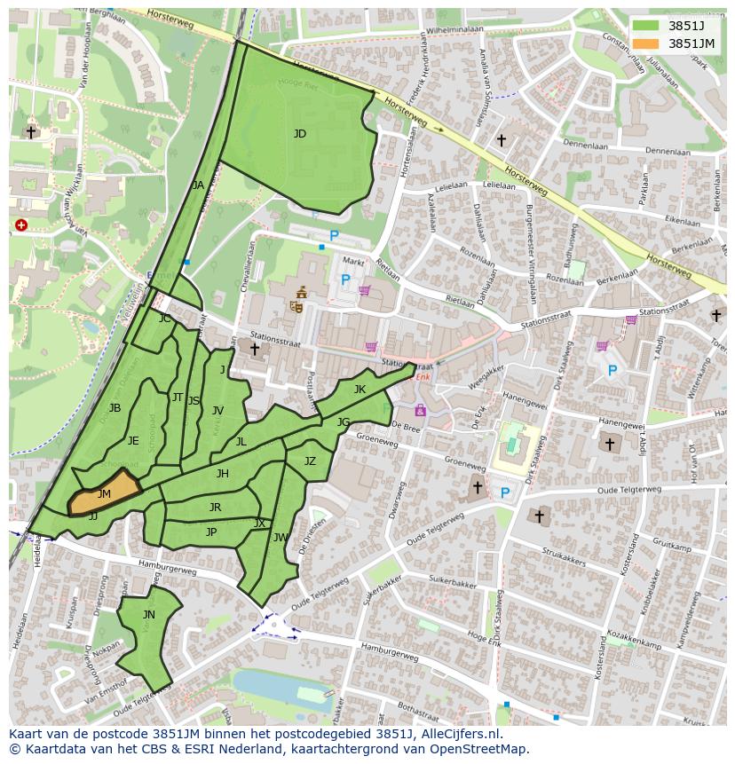 Afbeelding van het postcodegebied 3851 JM op de kaart.