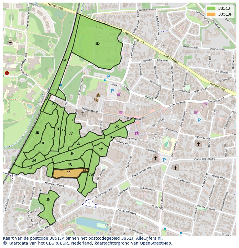 Afbeelding van het postcodegebied 3851 JP op de kaart.