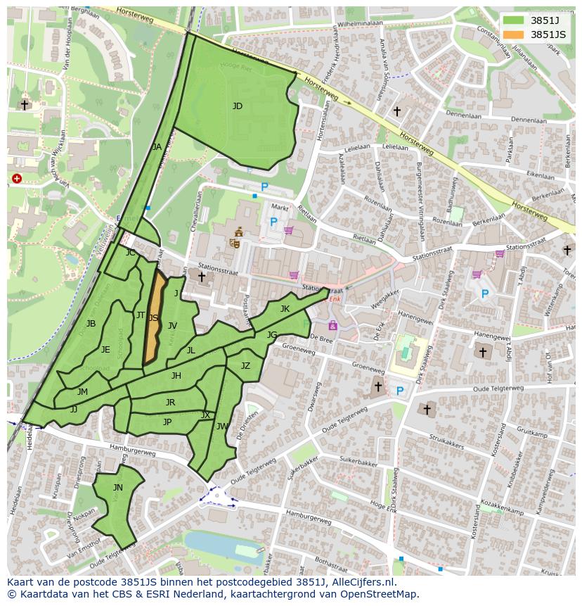 Afbeelding van het postcodegebied 3851 JS op de kaart.