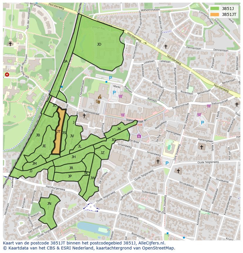 Afbeelding van het postcodegebied 3851 JT op de kaart.