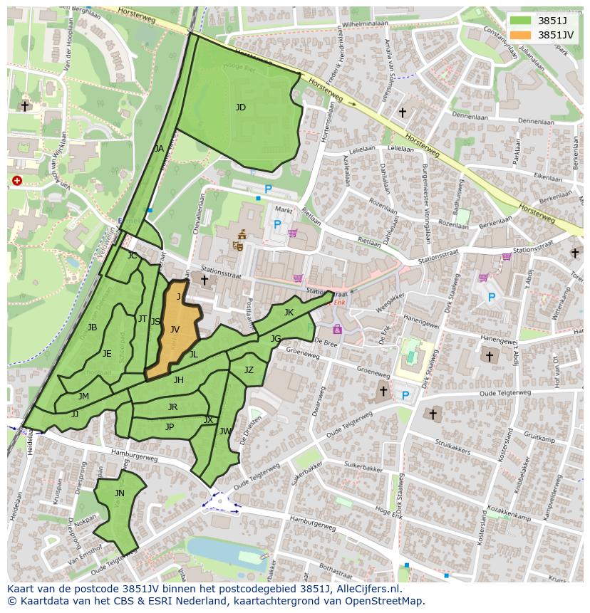 Afbeelding van het postcodegebied 3851 JV op de kaart.