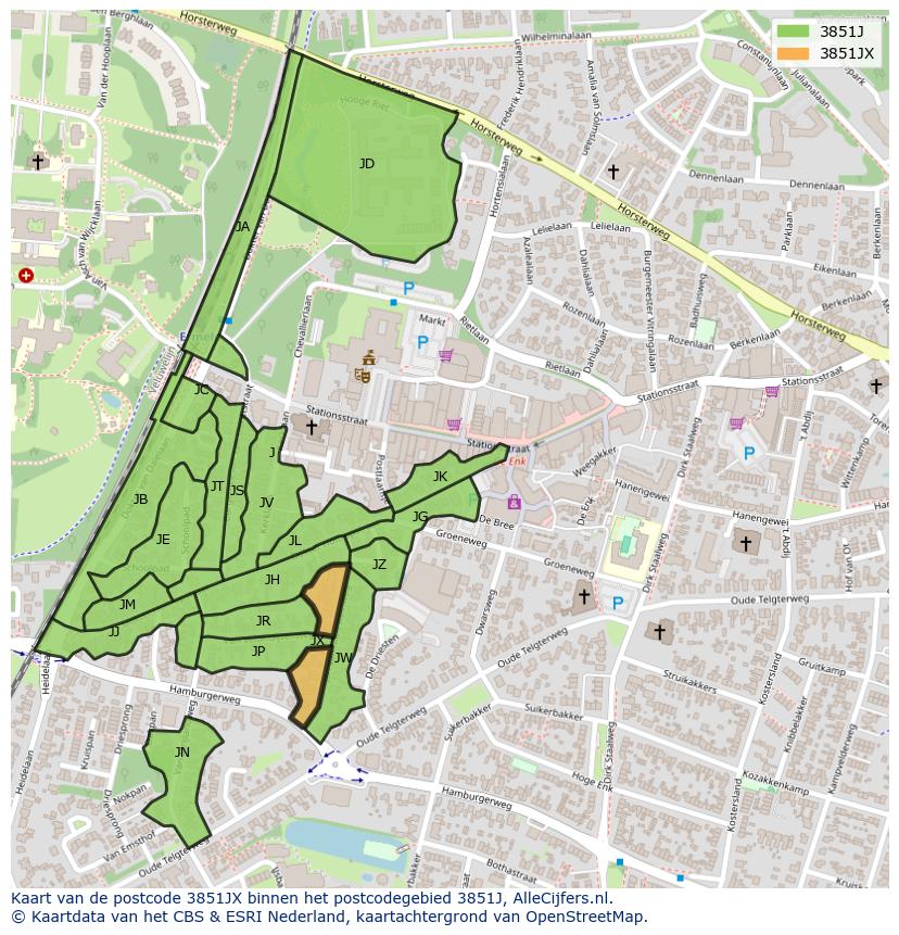 Afbeelding van het postcodegebied 3851 JX op de kaart.