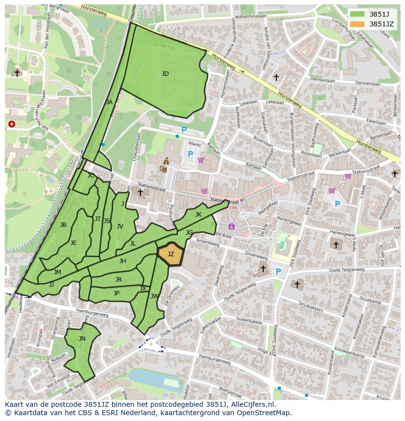 Afbeelding van het postcodegebied 3851 JZ op de kaart.
