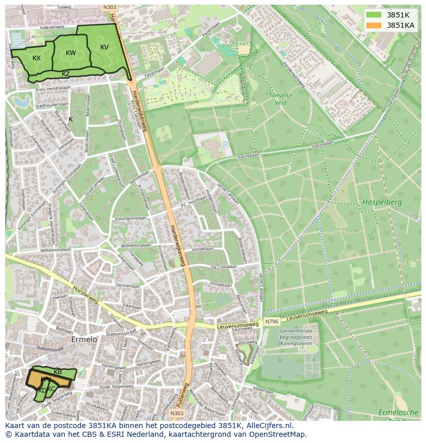 Afbeelding van het postcodegebied 3851 KA op de kaart.