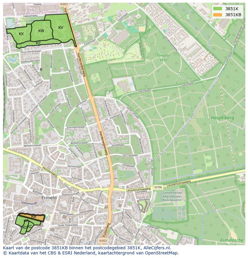 Afbeelding van het postcodegebied 3851 KB op de kaart.