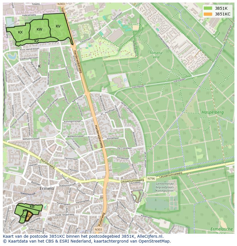 Afbeelding van het postcodegebied 3851 KC op de kaart.