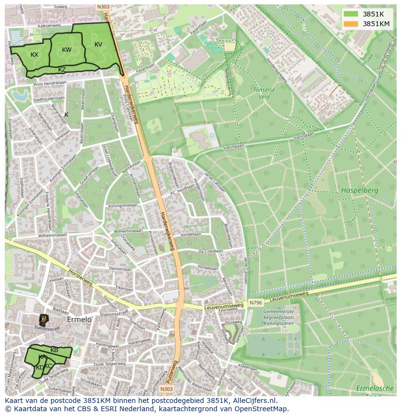 Afbeelding van het postcodegebied 3851 KM op de kaart.