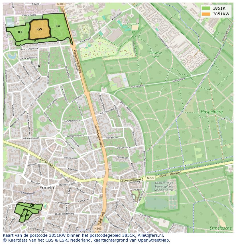Afbeelding van het postcodegebied 3851 KW op de kaart.