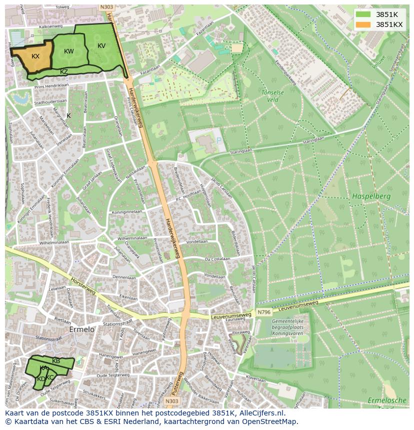 Afbeelding van het postcodegebied 3851 KX op de kaart.