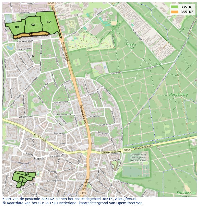 Afbeelding van het postcodegebied 3851 KZ op de kaart.