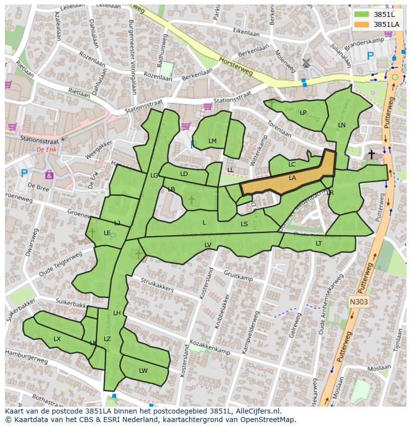 Afbeelding van het postcodegebied 3851 LA op de kaart.