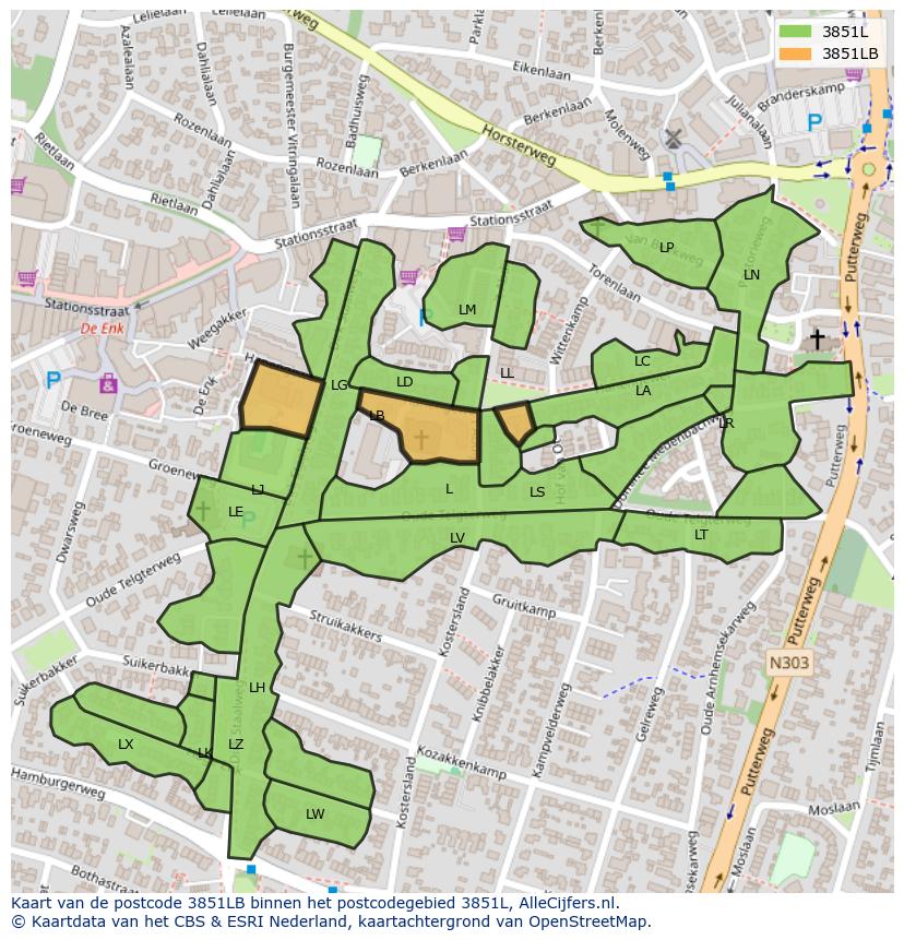 Afbeelding van het postcodegebied 3851 LB op de kaart.