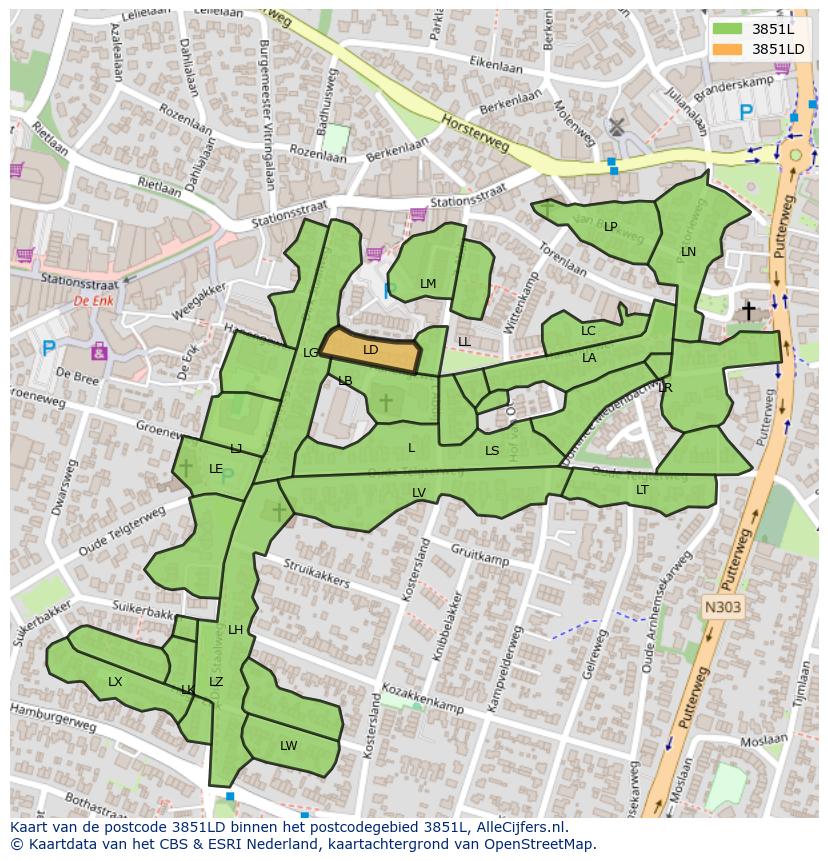 Afbeelding van het postcodegebied 3851 LD op de kaart.