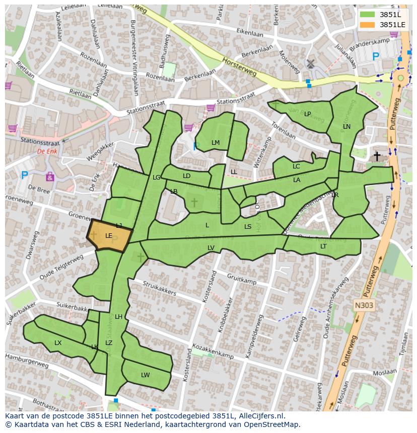 Afbeelding van het postcodegebied 3851 LE op de kaart.