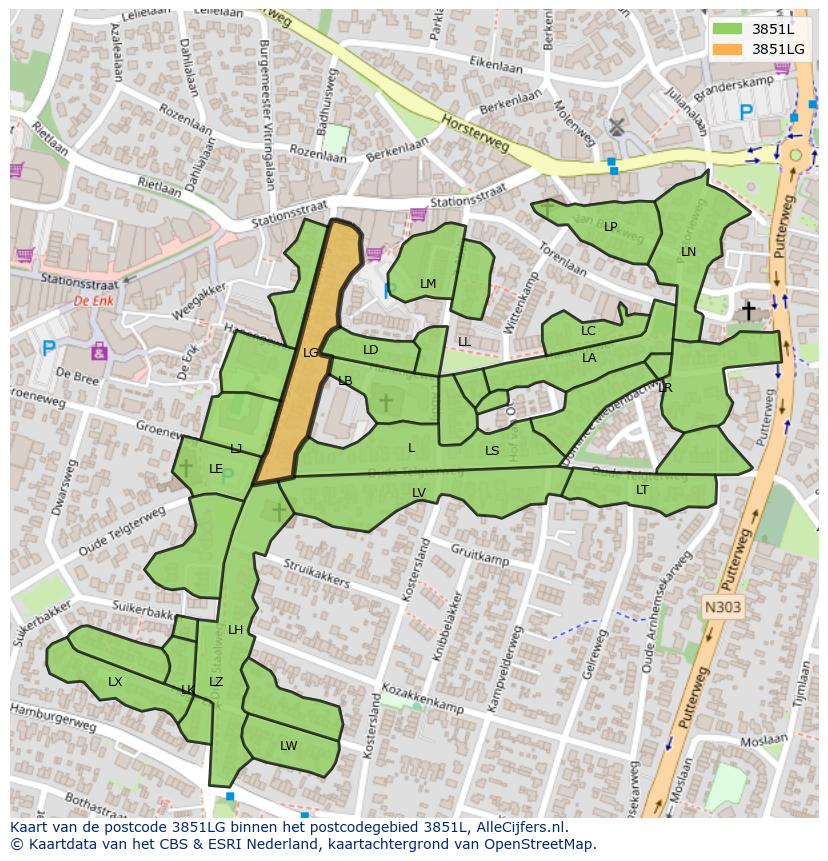 Afbeelding van het postcodegebied 3851 LG op de kaart.