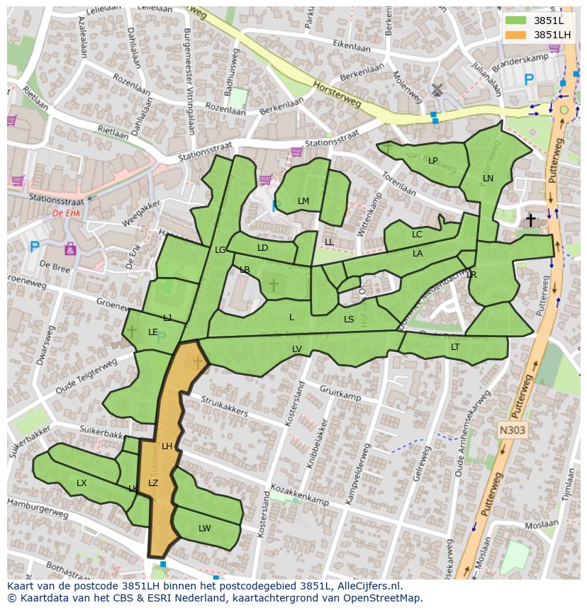 Afbeelding van het postcodegebied 3851 LH op de kaart.