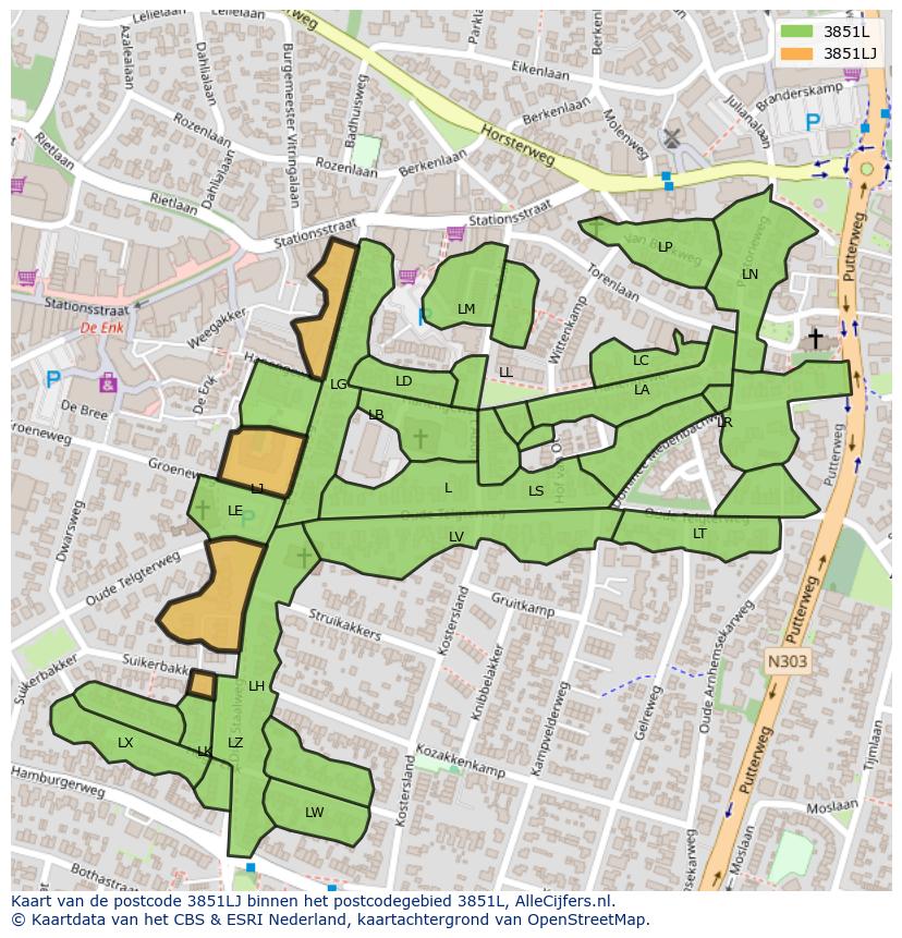 Afbeelding van het postcodegebied 3851 LJ op de kaart.