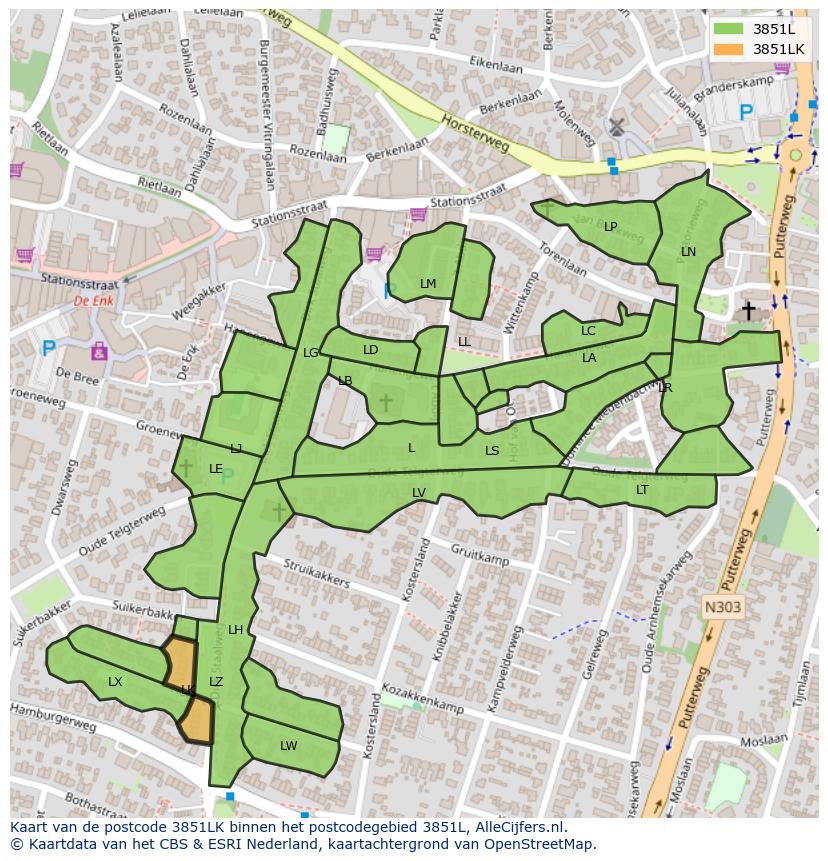 Afbeelding van het postcodegebied 3851 LK op de kaart.