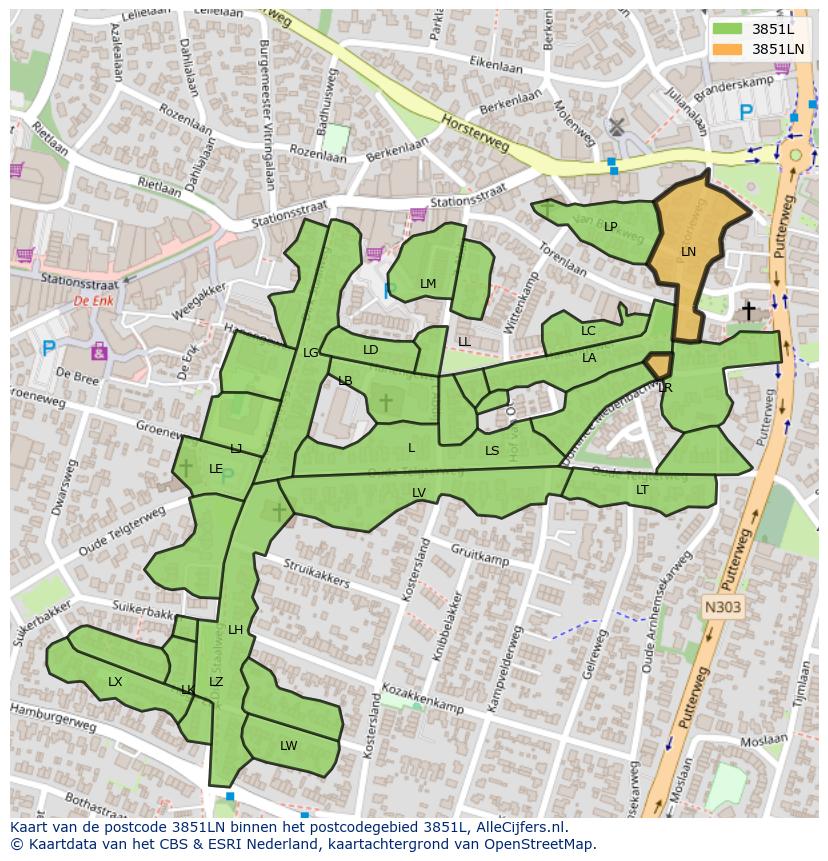 Afbeelding van het postcodegebied 3851 LN op de kaart.