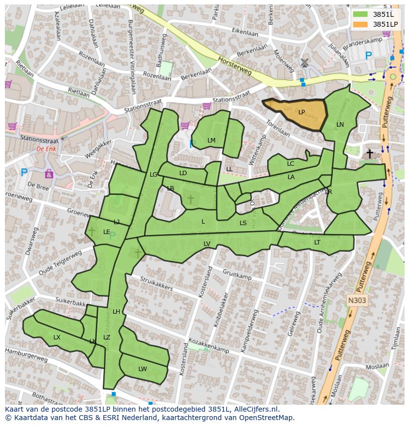 Afbeelding van het postcodegebied 3851 LP op de kaart.