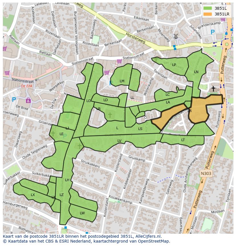Afbeelding van het postcodegebied 3851 LR op de kaart.