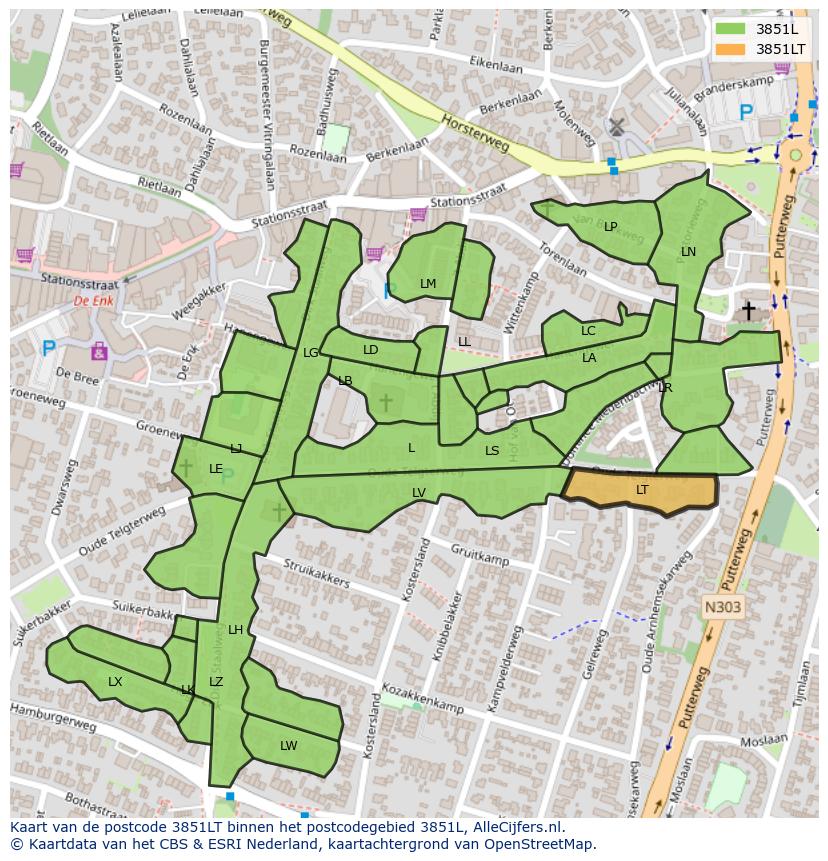 Afbeelding van het postcodegebied 3851 LT op de kaart.