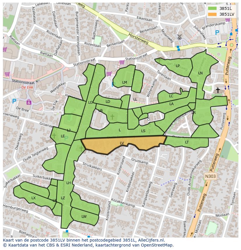 Afbeelding van het postcodegebied 3851 LV op de kaart.