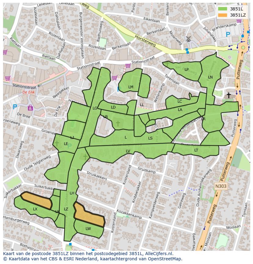 Afbeelding van het postcodegebied 3851 LZ op de kaart.