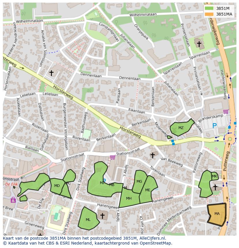 Afbeelding van het postcodegebied 3851 MA op de kaart.