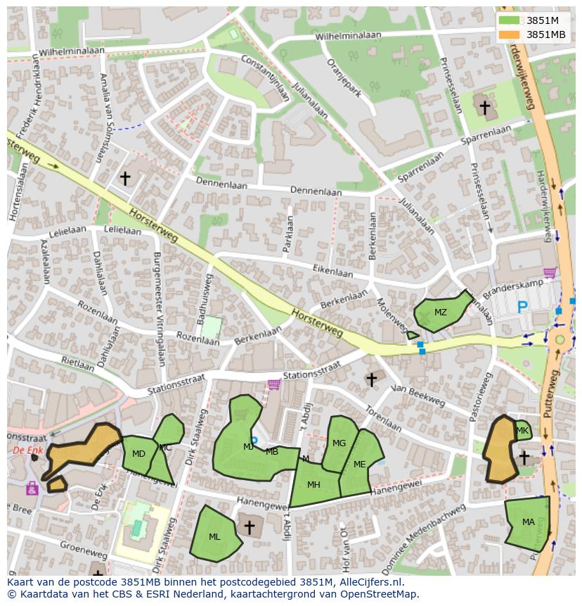Afbeelding van het postcodegebied 3851 MB op de kaart.