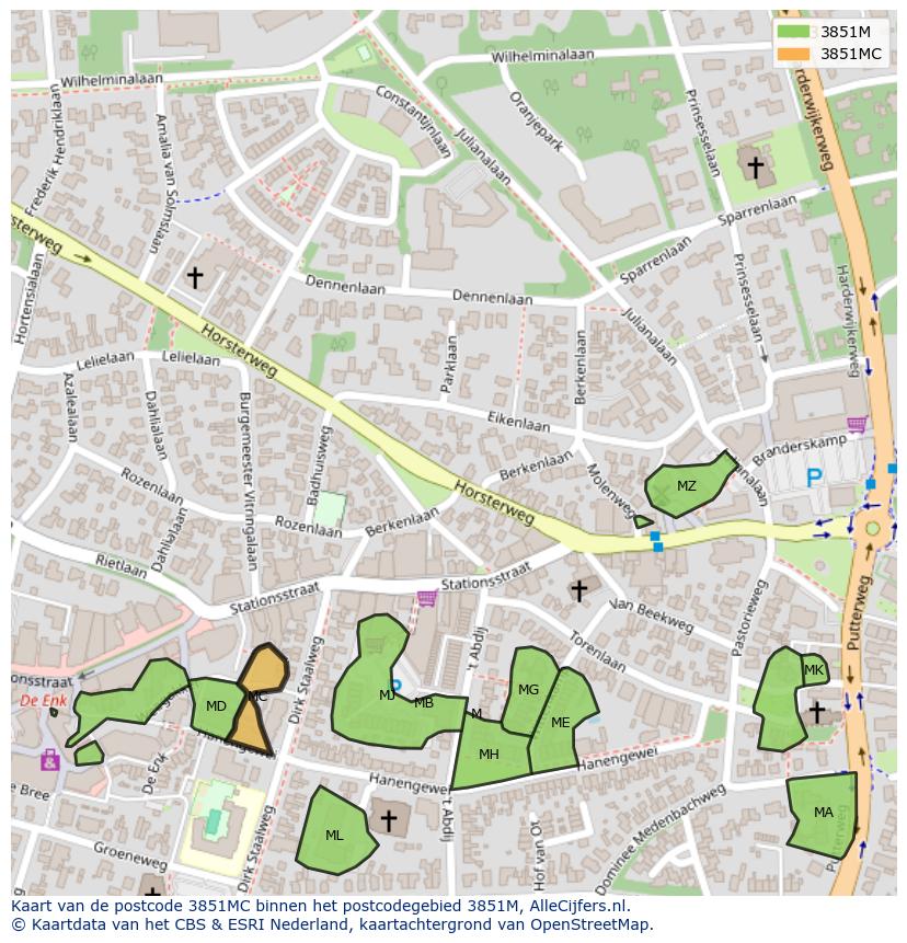 Afbeelding van het postcodegebied 3851 MC op de kaart.