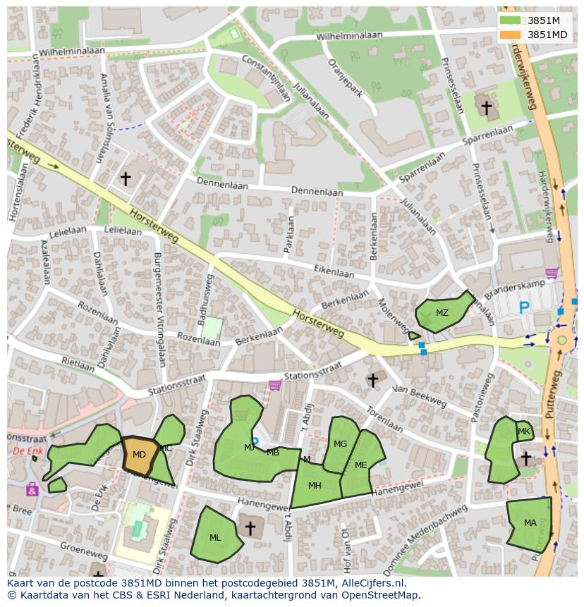 Afbeelding van het postcodegebied 3851 MD op de kaart.