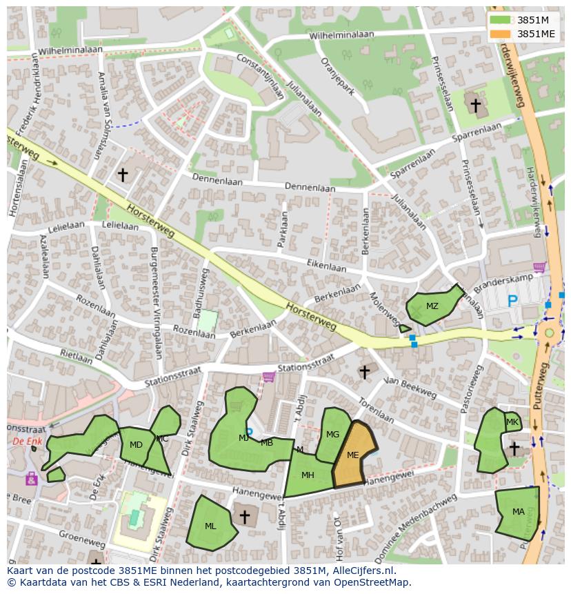 Afbeelding van het postcodegebied 3851 ME op de kaart.