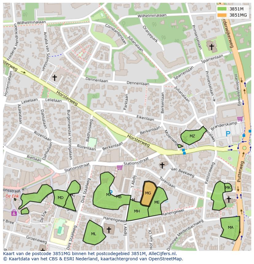 Afbeelding van het postcodegebied 3851 MG op de kaart.