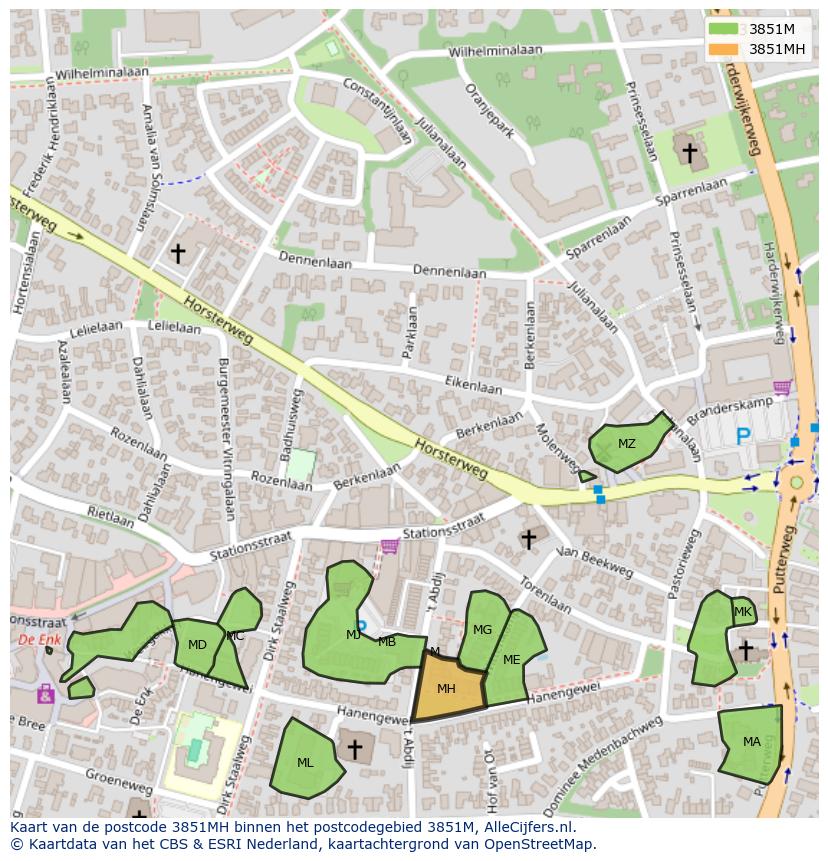 Afbeelding van het postcodegebied 3851 MH op de kaart.