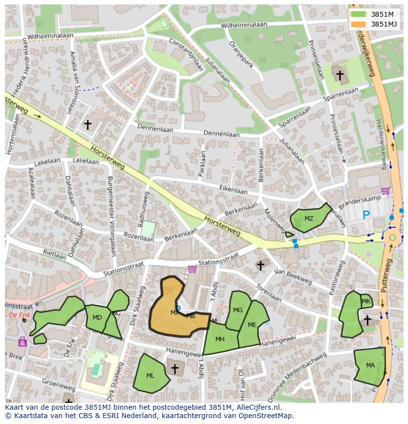 Afbeelding van het postcodegebied 3851 MJ op de kaart.