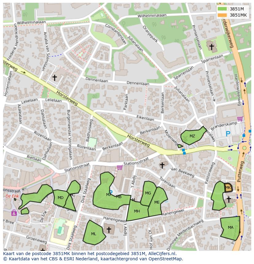 Afbeelding van het postcodegebied 3851 MK op de kaart.