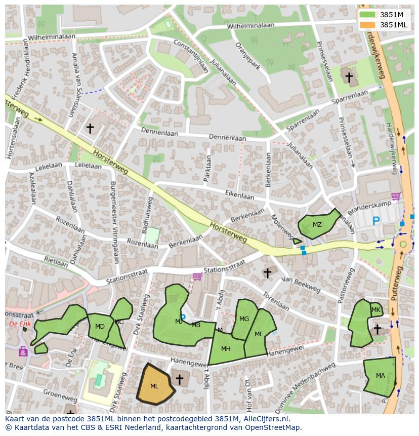 Afbeelding van het postcodegebied 3851 ML op de kaart.