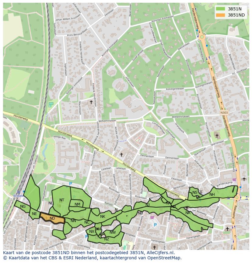Afbeelding van het postcodegebied 3851 ND op de kaart.