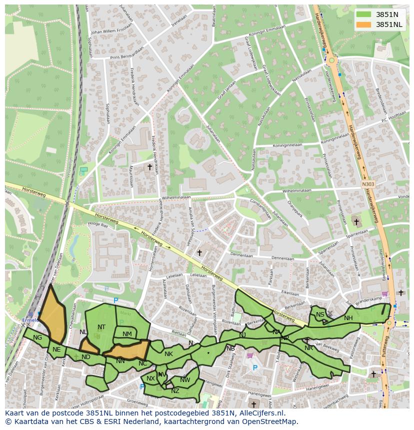 Afbeelding van het postcodegebied 3851 NL op de kaart.