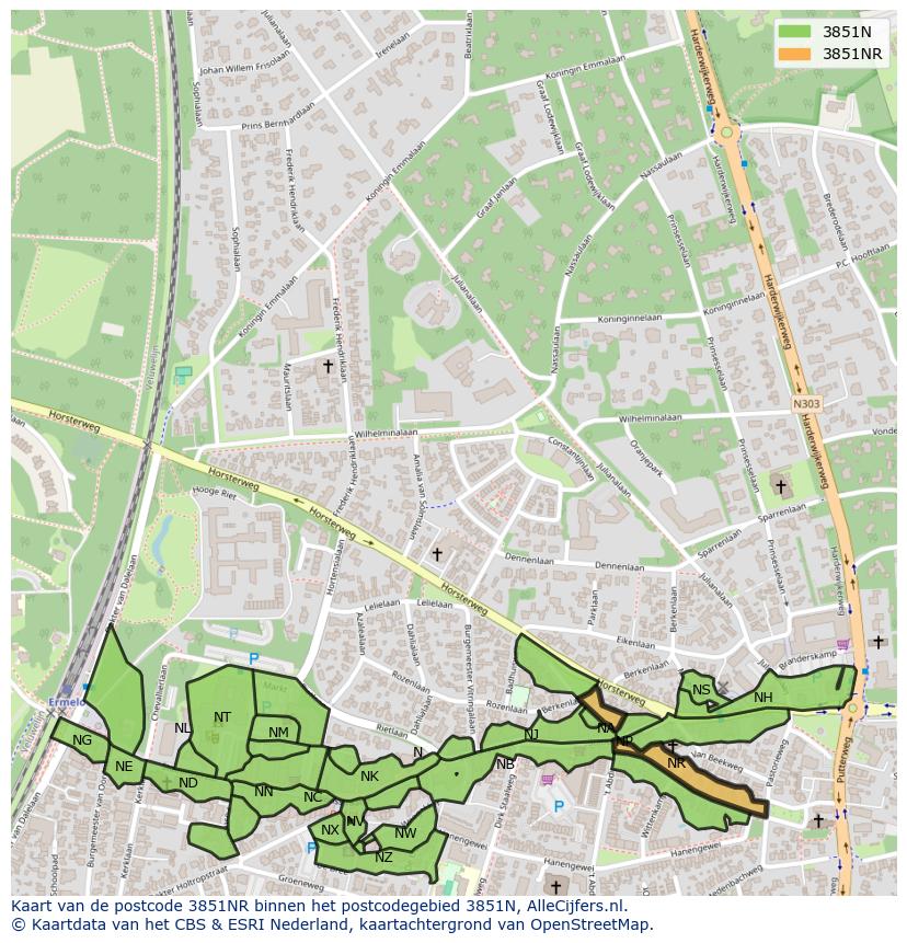 Afbeelding van het postcodegebied 3851 NR op de kaart.