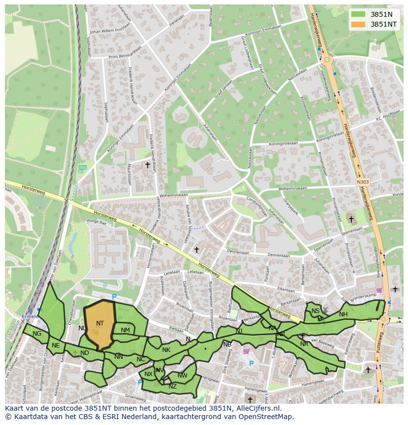Afbeelding van het postcodegebied 3851 NT op de kaart.