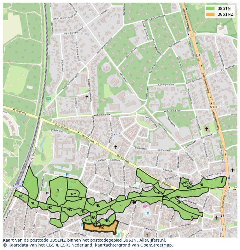 Afbeelding van het postcodegebied 3851 NZ op de kaart.