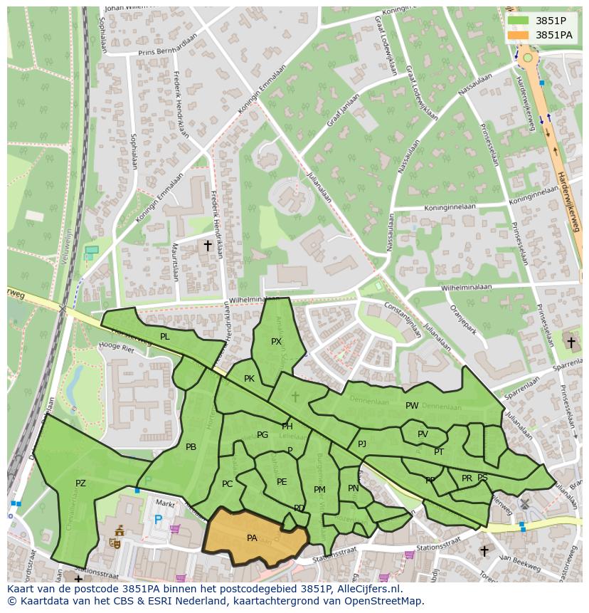 Afbeelding van het postcodegebied 3851 PA op de kaart.