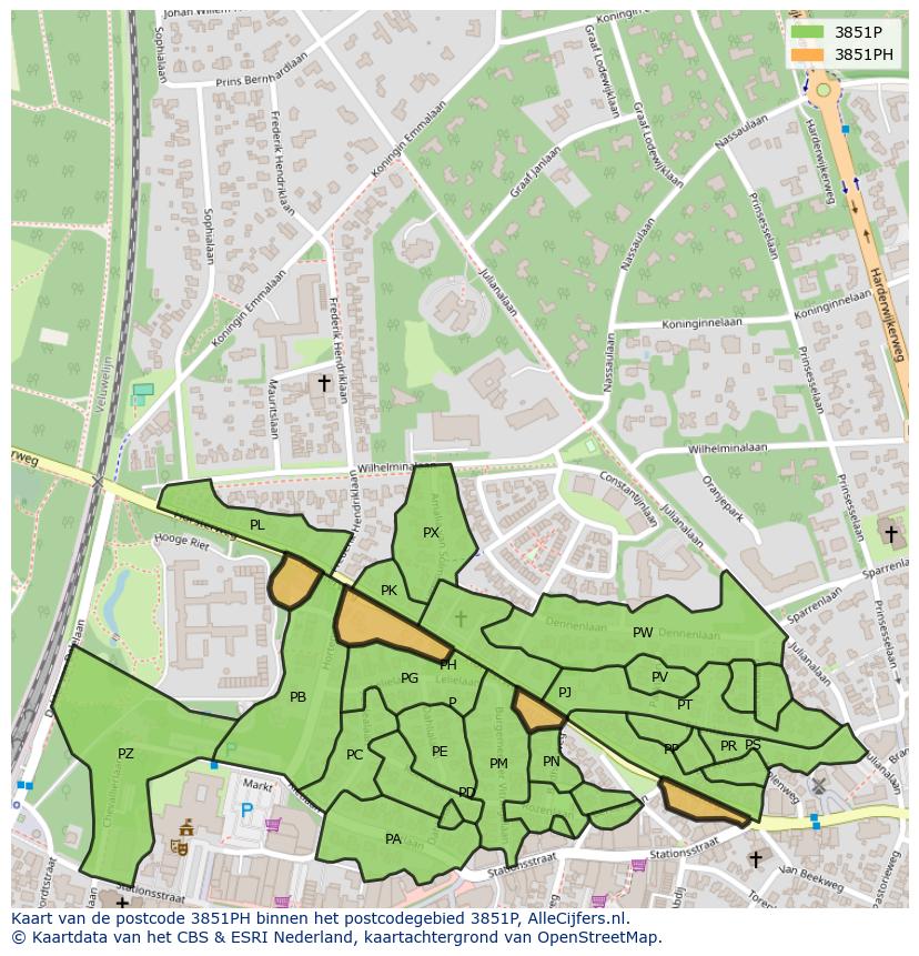 Afbeelding van het postcodegebied 3851 PH op de kaart.